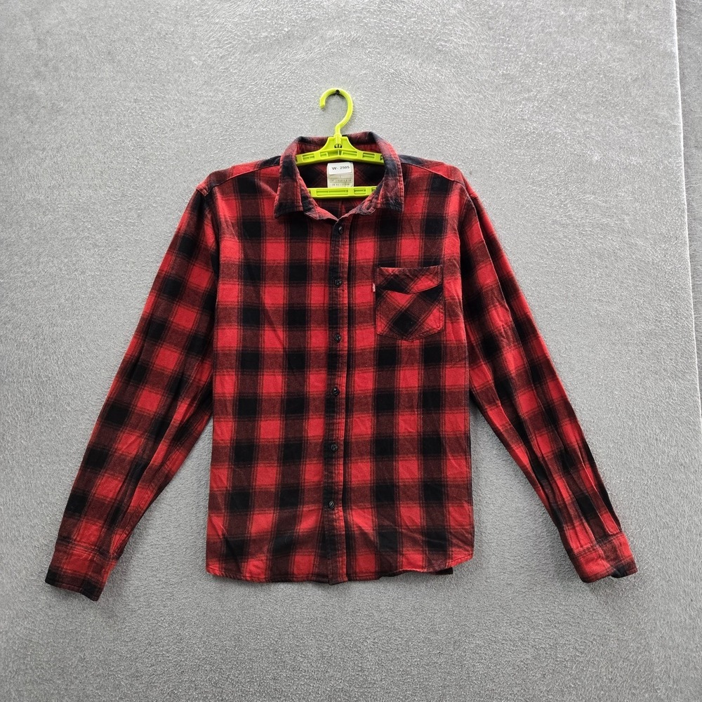 Levi's Men Button Up Shirt L Red Buffalo Plaid Flannel Western Long Sleeve Logo